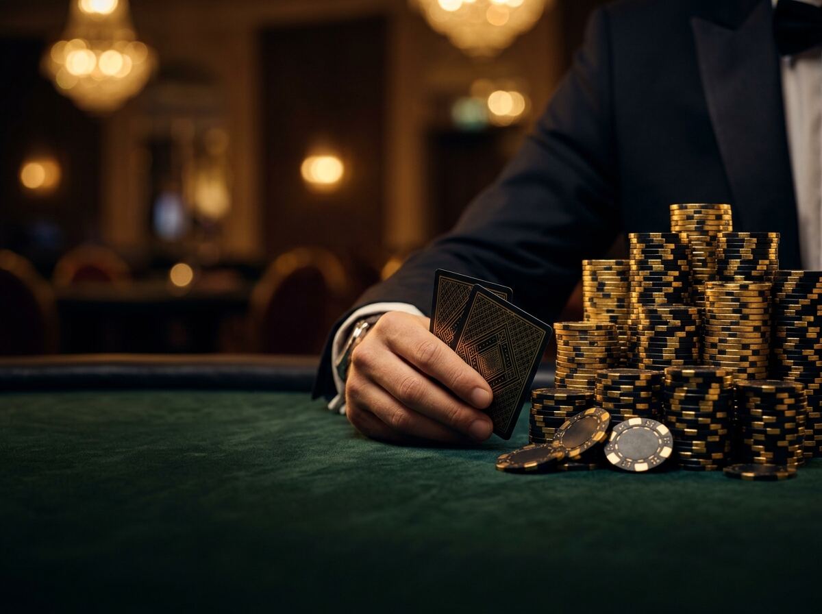 Mesa de poker premium com cartas pretas e douradas e fichas metálicas em clima de clube VIP